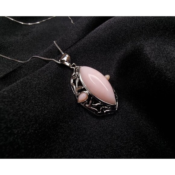 Pink Agate Pendant Necklace In Sterling Silver 925 BBJ Signed - Picture 5 of 7